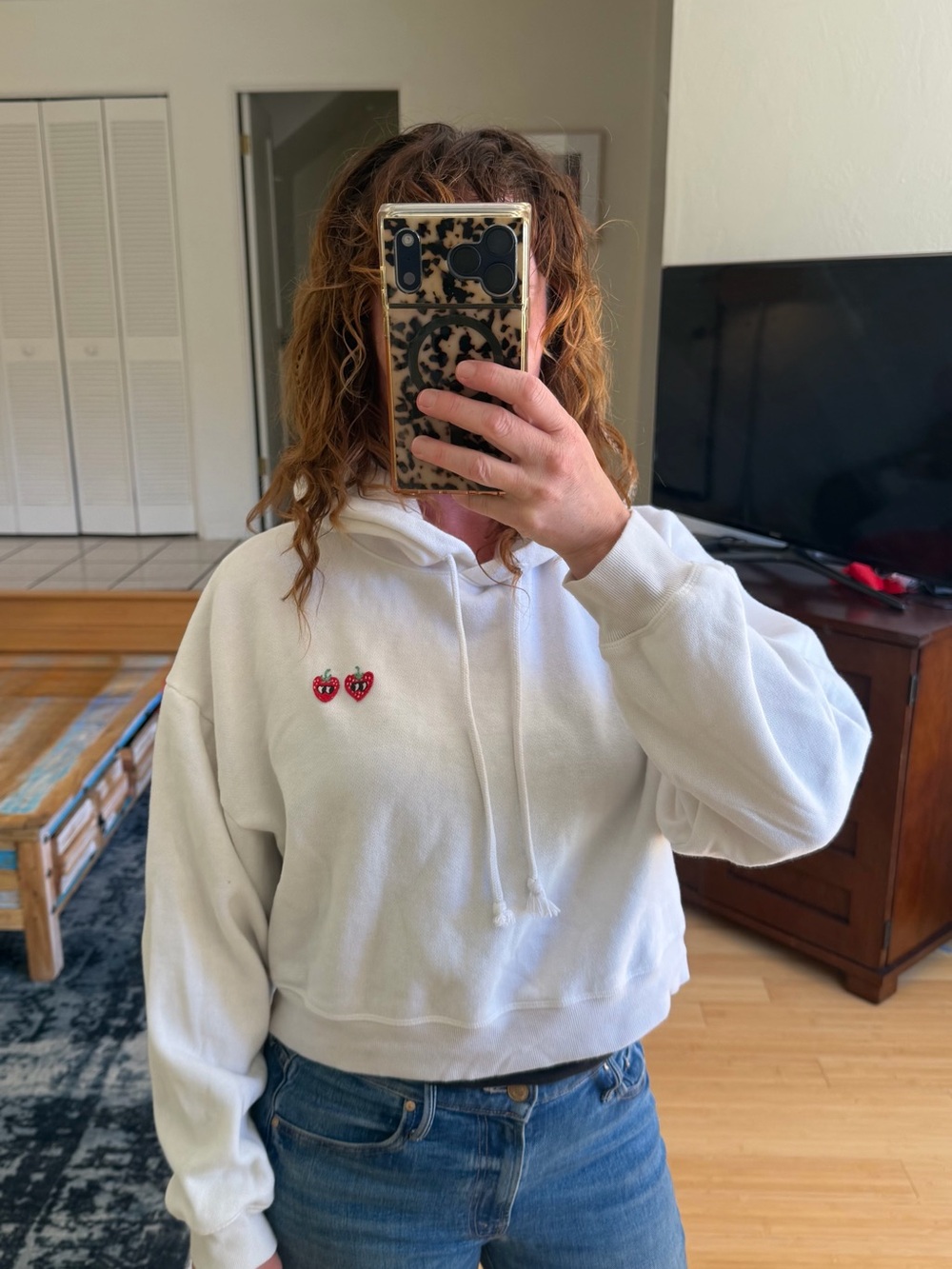 PINK Victoria's Secret White Cropped Hoodie with Red Strawberry Embroideries